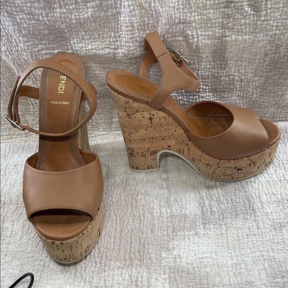 Fendi Brown Leather Wedge Sandals - Picture 1 of 3